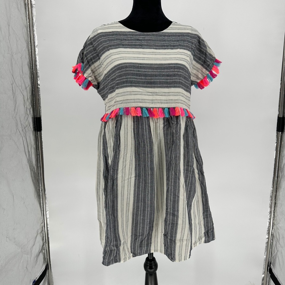Savanna Jane Gray Striped Mini Babydoll Dress Pink Tassel Pom Pom Boho Medium‎